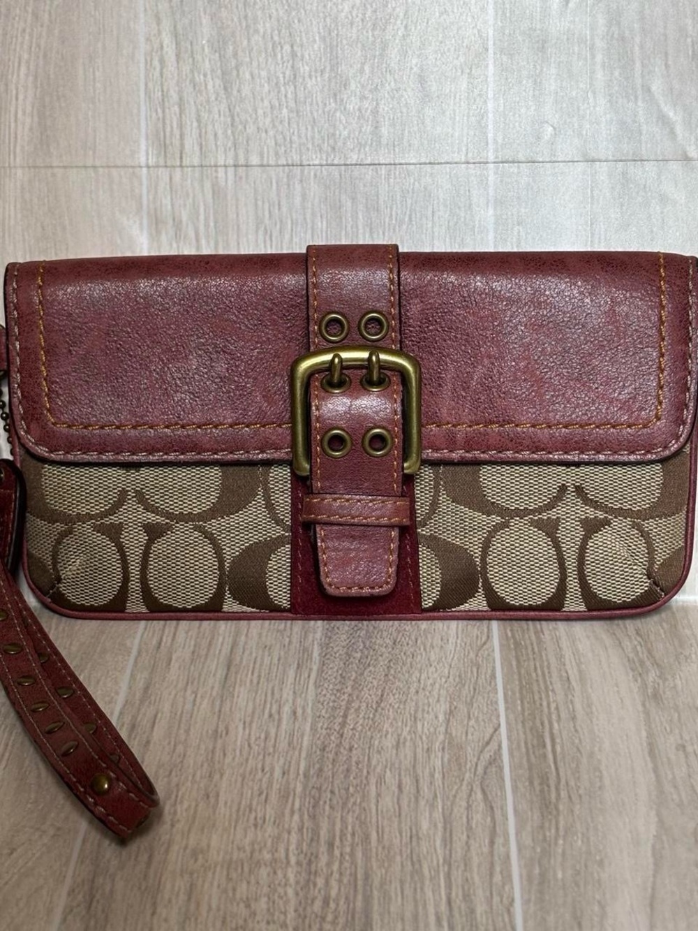 Coach Signature Canvas and Wine Leather Wristlet 2004